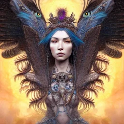 Insanely detailed photograph of an elaborate beautiful hawk goddess intricate glowing skin eyes intricate face hair lashes fur dress hyperdetailed painting by Anna Dittmann Huang Guangjian and Dan Witz CGSociety ZBrush Central fantasy art album cover art 4K 64 megapixels 8K resolution HDR Greek shiny space colours jewelry celestial hair eyes light"