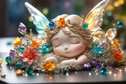 closeup, cute chibi sleeping fairy, Coloured glass flowers set with gemstones, glittering metal stems and gemstone leaves on a room table sharp focus elegant extremely detailed intricate very attractive beautiful dynamic lighting fantastic view crisp quality exquisite detail in the sunshine gems and jewels