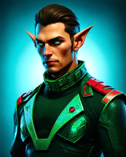 Retrato de hombre Elfo con traje ciberpunk estilo hiper realista, hiperdetallado, calidad ultra