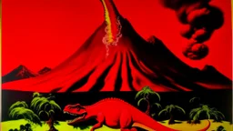 A red volcano with reptiles with healing fire painted by Andy Warhol