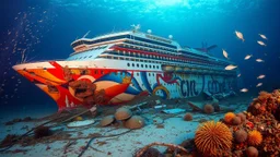 Underwater wreck of a gigantic colourful cruise ship, lying on its side on the seabed, 200m below the surface. Debris from the ship on the seabed. Sea creatures including shoals of fish, jellyfish, sea urchins, shellfish. Seaweed. award-winning photograph, exquisite realism