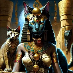 scene from Egyptian mythology. The cat goddess Bastet. She has the body of a woman and the head of a cat.