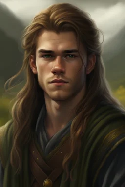portrait of a handsome 20 year old highlander with long hair, earthbound but directed towards the future