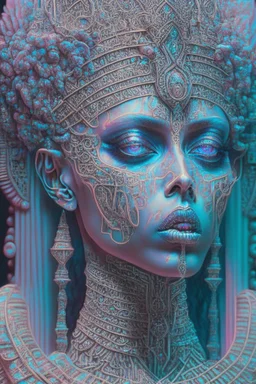 Queen Of The Damned Disguised In Pastels; Insanely detailed, beautiful, award-winning, trippy Hieroglyphics, Symbolism, Dystopian, Elegant, Fantastical, Intricate, Hyperdetailed, Holographic, Magnificent, Meticulous, Mysterious, Ominous