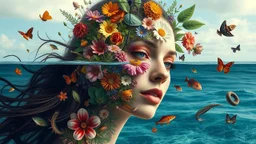 A surreal portrait of a woman's face made up of various colorful organic elements such as flowers, plants, and sea creatures floating in a tranquil ocean setting