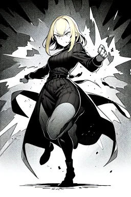 angry blonde girl, angry pose, full body, greyscale