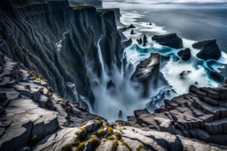 This mesmerizing ocean cliff scene captures the dramatic power and beauty of nature. Towering rugged cliffs stand majestically against the vast expanse of the ocean, where multiple waterfalls cascade down, merging into the turbulent sea below. The cliffs, with their sharp and jagged edges, create a stark contrast to the smooth, flowing water, making the scene even more captivating. Sunlight pierces through the mist rising from the waterfalls, creating a magical, ethereal atmosphere. The powerful