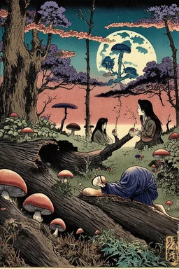 twilight scene in manga style illustration Modifiers: Albrecht Dürer junji ito Epic woodblock print rule of thirds Odilon Redon Otherworldly alcohol ink Tsutomu Nihei Mushrooms vivid color stippling void Hatching snail sharp contrast sharp edge Art by Leah Analog Horror the styles of ancient masters like Utagawa Hiroshige, Katsushika Hokusai and Togaku Old growth forest scene decaying log, moss, ferns, spiderwebs, beetles and caterpillars