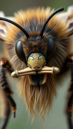 Bee front view with human look face and long hair and beard playing the harmonica , looks like an ancient Sumerian gods