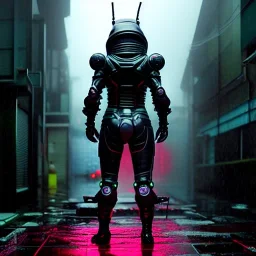 bee insect, Japanese cyber style, art by Yoji Shinkawa, artist, cold ambient, rain, fog, latex, cables, purpurin, black, decorative color lights, neon style, led lights, fog, rain, vibrant color, highly detailed, art stations, concept art, smooth, unreal engine 5, god rays, ray tracing, RTX, lumen lighting, ultra detail, volumetric lighting, 3d, finely drawn, high definition, high resolution.