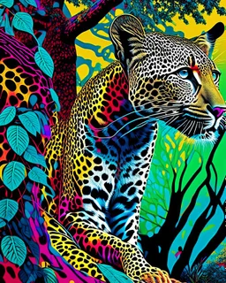 Leopardo coherente Arte pop obra de arte 4k cuerpo completo árboles detallado impactante nitido