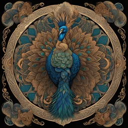 celtic peacock I centered | symmetrical | key visual | intricate | highly detailed | iconic | precise lineart | vibrant and natural all round colors | comprehensive cinematic | alphonse mucha style illustration I very high resolution | sharp focus | poster | no watermarks I plain black background