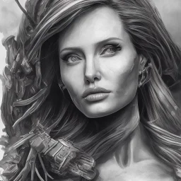 portrait head Angelina Jolie long hairs big bobs Tomb Raider gunshot