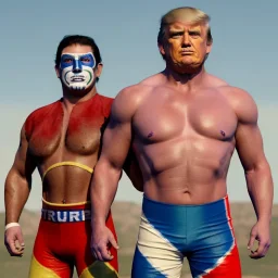 Realistic image of Donald trump wrestler, Mexican wrestling style, Mexican wrestling mask for eyes, red and blue breeches, glow us flag dress, suspenders, retro style, 80s, vibrant color, highly detailed, sky background, concept art, unreal engine 5, god rays, ray tracing, RTX, lumen lighting, ultra detail, volumetric lighting, 3d, finely drawn, high definition, high resolution.