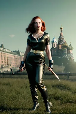 retro portrait image from 1960, Moscow background, wind, long red hair, fighting stance, sweet young Scarlett Johansson, black dress, classic tight lycra black suit, weapon, gold bracelet and belt, high heel boots, soft color, highly detailed, unreal engine 5, ray tracing, RTX, lumen lighting, ultra detail, volumetric lighting, 3d, finely drawn, high definition, high resolution.