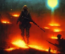 vietnam war. war. napalm. bokeh. lens flare. warm lights. high detailed. beksinski