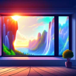 desk, parquet, sheet of paper, little pen, in front of one huge picture window with large view on a waterfall with warm light, sunset ,pixar style, panorama, nature, globe, HD