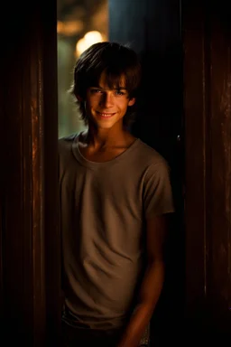 15 year old young boy with lightly tanned skin and brown hair wearing a teeshirt, standing by a door, smiling, dark fantasy