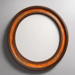 empty picture frame on white background, thin rim, round circular, ecclesiastic clerical, ebony gray wood, golden inlays, orange reflection