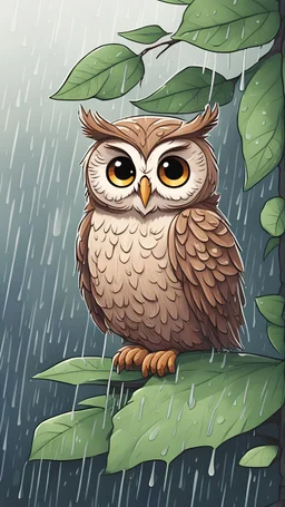 A cute drawing of An owl trying to hide the best she can from the rain under a leaf, because she HATES when it rains.