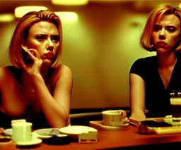 Scarlett Johansson in Lost in Translation, at the counter of a hotel bar, staring into space and smoking.