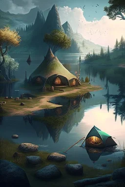 a fantasy campsite next to a lake