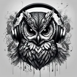 Illustrative sketch of a humanoid owl in music with headphones, ultra quality, hyper detailed, graffiti, concept art, maximalism, 8k