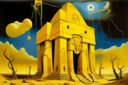 A yellow lightning temple designed in ancient Egyptian hieroglyphics painted by Salvador Dali