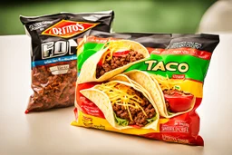 "Taco in a Bag" which consists of an open Doritos chip bag containing Doritos chips and cooked ground beef and lettuce and shredded cheese and tomato pepper and onions, food blogger photography