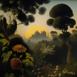 High definition photography of a marvelous landscape, trees, flowers, giant sun, intricate, rock formations, atmosphere of a Max Ernst painting, Henri Rousseau, thoughtful, interesting, a bit appalling, smooth