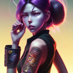 revy black lagoon, purple hair, black tank top, jean shorts, tribal sleeve left arm, portrait shinkai makoto, studio ghibli, studio key, madhouse anime studio, artgerm, lau rossdraws james jean marc simonetti pixiv