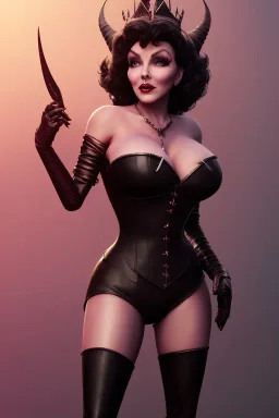 Joan Collins as evil queen in black leather, leather, busty, cleavage, angry, stern look. character design by cory loftis, fenghua zhong, ryohei hase, ismail inceoglu and ruan jia. unreal engine 5, artistic lighting, highly detailed, photorealistic, fantasy