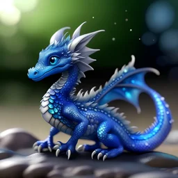 An elegant sapphire chibi dragon with iridescent dragonfly wings, showcasing intricate details and shimmering scales in breathtaking 32k resolution. The majestic creature is perfectly framed against a softly blurred bokeh background, accentuating its mystical and ethereal essence. Every minute aspect is impeccably sharp, providing a hyper-realistic and captivating depiction of this enchanting creature.