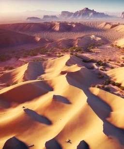 Extreme long shot, Birds Eye view, Arabic desert skyline, smooth, god rays, unreal engine 5, ray tracing, RTX, lumen lighting, ultra detail, volumetric lighting