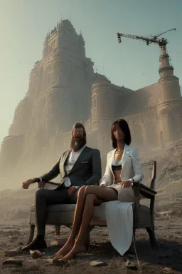 by Greg Rutkowski, Sung Choi, Mitchell Mohrhauser, Maciej Kuciara, Johnson Ting, Maxim Verehin, Peter Konig, 8K, a Highly detailed stunning image of Dom man with a submissive woman, the woman sitting, a white suit, beard, and short hair,