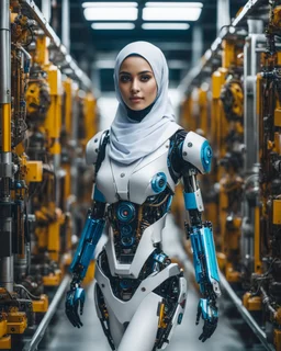 potrait cinematography colors a beautiful woman hijab humanoid robot mechanical walking in between two rows of complex machinery with vibrant colors