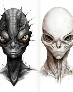 Humanoid face divided in two, on the right part a fish alien with gills and scales, on the left part a classic alien with big black eyes, b/w tattoo style