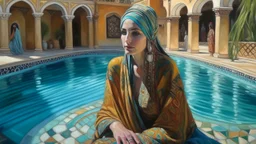 Neoclassicism pool arabic people arabic woman in pool painting realistic cote d'azur colorfull