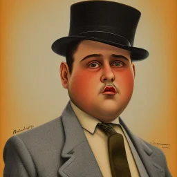 A 1930s Italian-American businessman in his 20s with a bowler hat and a tattered suit. He is obese and has a sad expression on his face. He is facing the screen.