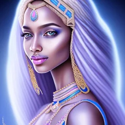 portrait of a beautiful somalian woman with an angel face smiling,long blond hair, blue eyes, pink and blue dress, jewels, soft light aura