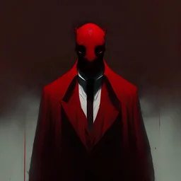 a sinister faceless figure wearing a red suit and a priest's collar with no face and dirty slicked back hair