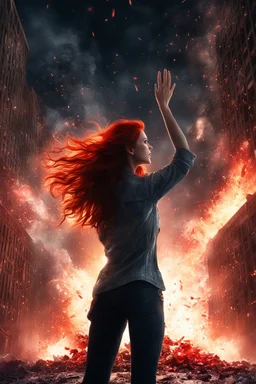 Photorealistic young long red-haired woman standing, with arms raised, looking at an exploding building at night, with red auras around her