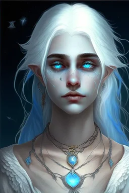 hauntingly beautiful character for dnd, young woman with white hair and blue eyes, angel, with moon necklace