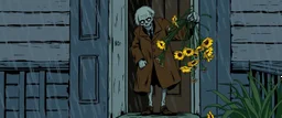 Maya is standing in the doorway with one hand still on the handle. She looks surprised, but not frightened. The zombie is wearing an old brown coat with patches on the elbows. His shoes don't match. What's surprising is that he's carrying a bunch of wildflowers. One of them has slipped from his hand and landed upside down on the porch. The rain is falling everywhere except on the flowers. That's a little strange. The story doesn't mention it.