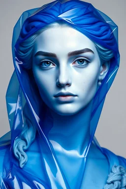 Deep blue shiny thick transparent plastic covered a Greek white marble woman portrait, light gray background ,blue eyes, dark eyebrows