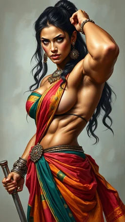 A strikingly powerful female bodybuilder warrior, adorned in a vibrant saree, exudes a hyper realistic aura. Her muscles ripple with strength and grace, embodying a blend of femininity and power. This awe-inspiring image portrays a painting of impeccable quality, showcasing every intricate detail with precision. The warrior's gaze is intense, her expression fierce yet alluring, capturing the essence of a true warrior goddess. The vibrant colors of the saree contrast beautifully against her sculp