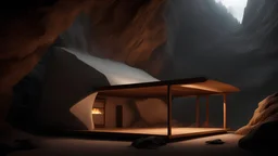 An ultra realistic hyper detailed crisp photo of a shelter in a mountain cave, 3d with depth of field, shadows and light, octane rendered, ambient lighting