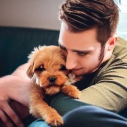 A man petting the cute dog