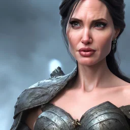 old Angelina Jolie in armor by greg rutkowskiб close up film photo, unreal engine, octane render, trending on artstation, highly detailed, studio lighting, professional, professional ominous concept art, by artgerm and greg rutkowski, an intricate, elegant, highly detailed digital painting, concept art, smooth, sharp focus, illustration, in the style of simon stalenhag, wayne barlowe, and igor kieryluk.