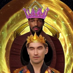 God-like man with infinite power who owns the galaxies and wears a beautiful crown, a jewel of diamonds and galaxies with weapons riding on a creature with an eagle head and eagle wings and eagle hands